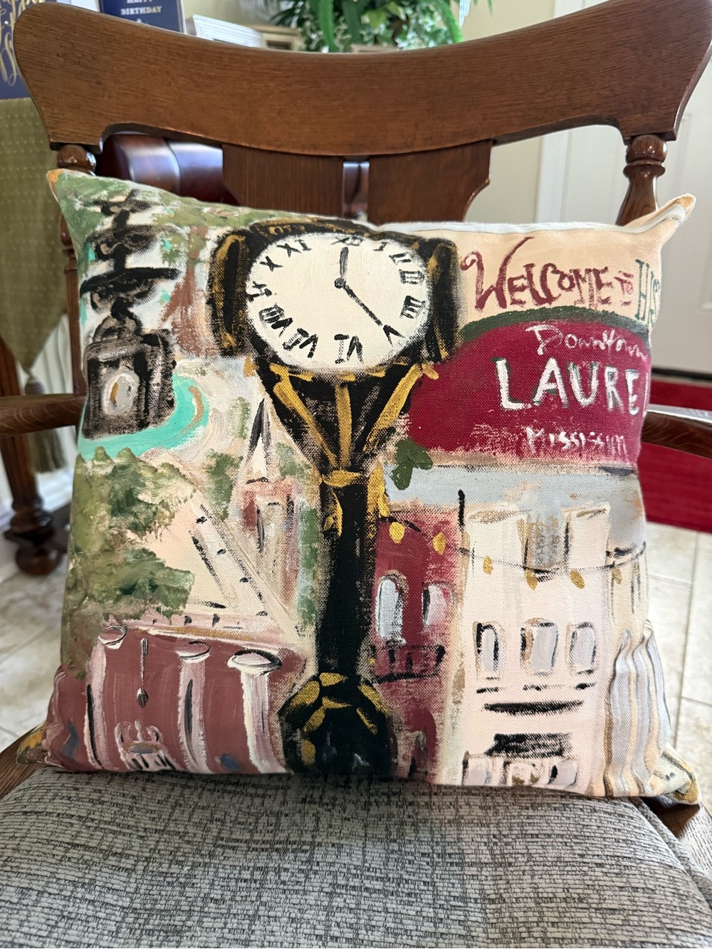 Hand-Painted Clock Street Accent Pillow in Beige, Red, Green